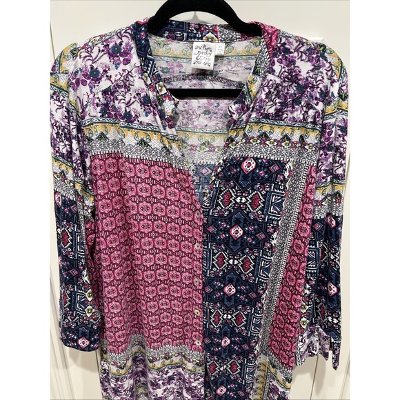 Parsley & Sage Knit Button Up Tunic Top Geometric Artsy Boho Colorful Hippie - Picture 2 of 7